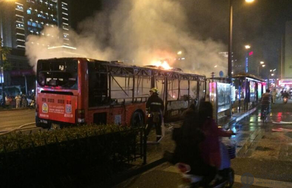 杭州一辆290路油电混合动力公交车起火