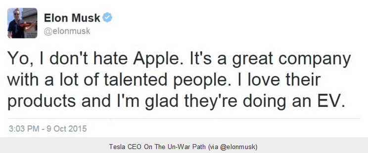 马斯克否认仇视苹果：很高兴苹果做电动汽车