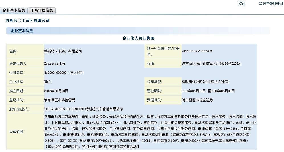 特斯拉上海公司注册资本猛增至46.7亿