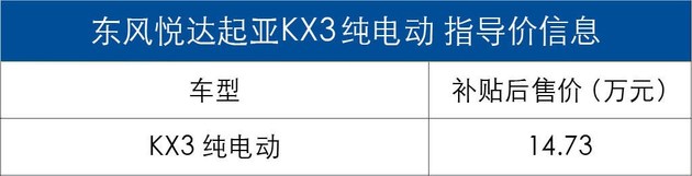 东风悦达起亚KX3纯电动版正式上市 补贴后售14.73万