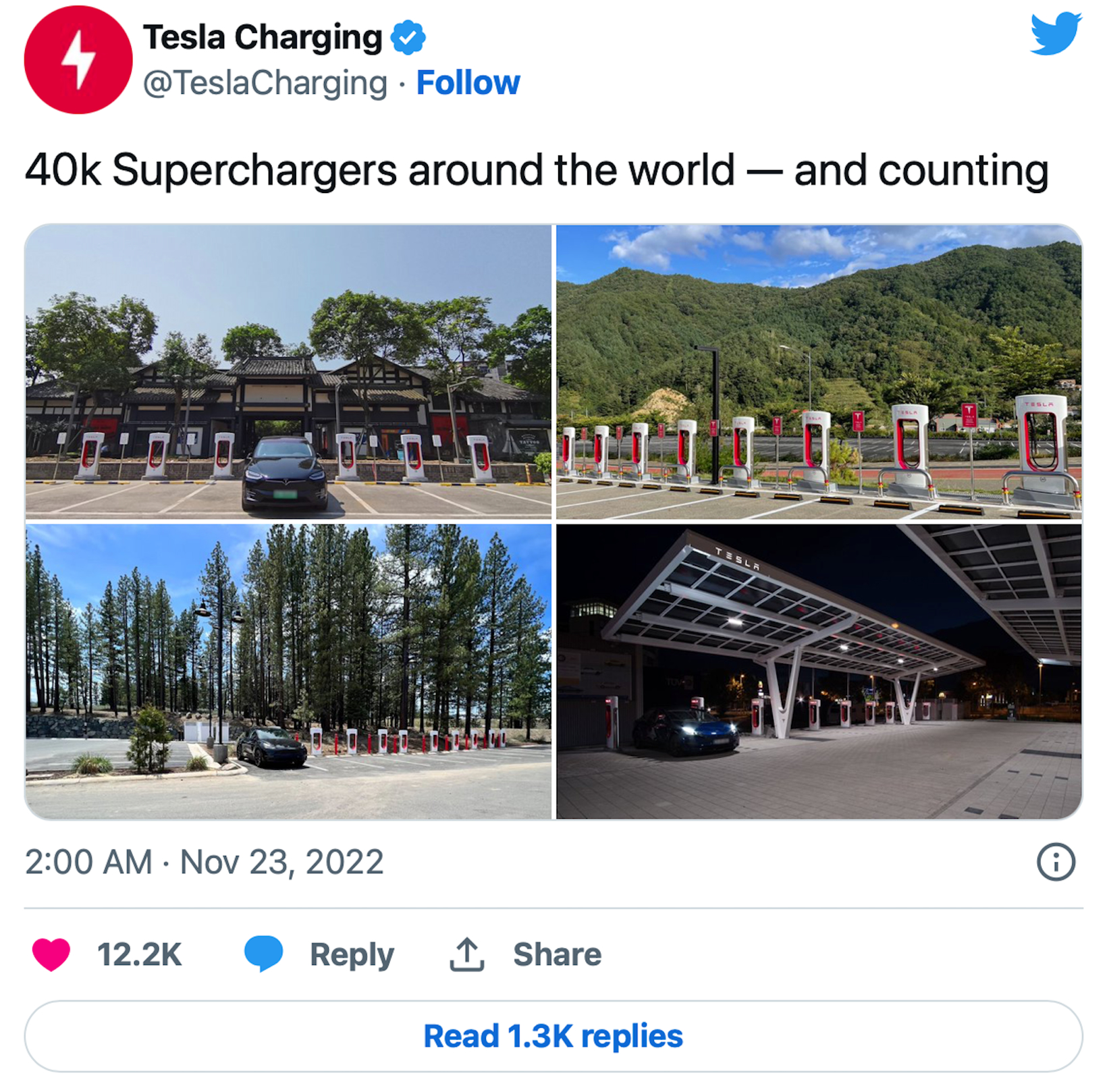 特斯拉全球超级充电桩数量达4万个