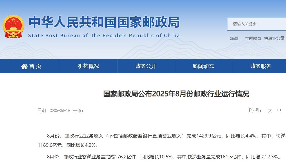 国家邮政局：1-8月同城快递业务占比下降0.9个百分点